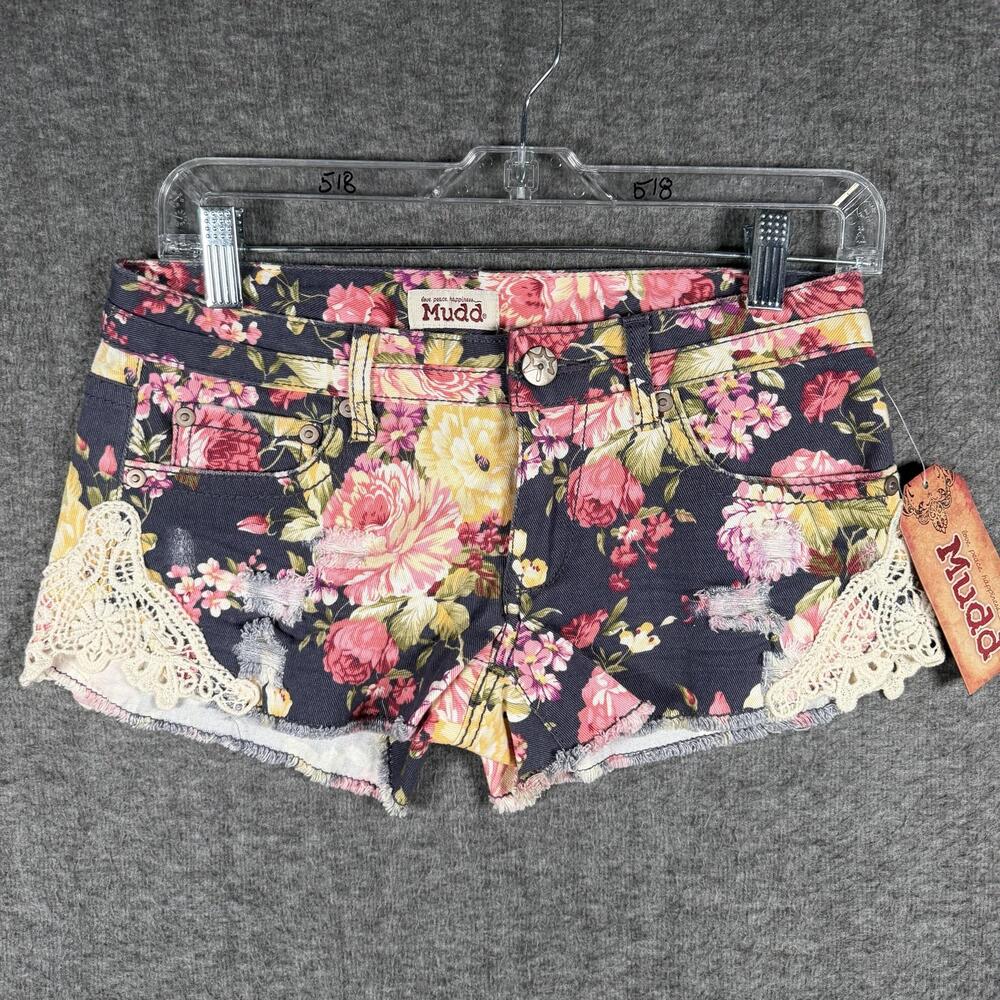 Y2K Mudd Floral Denim Shortie Shorts Juniors 5 Blue Lace Cutoff BoHo Festival
